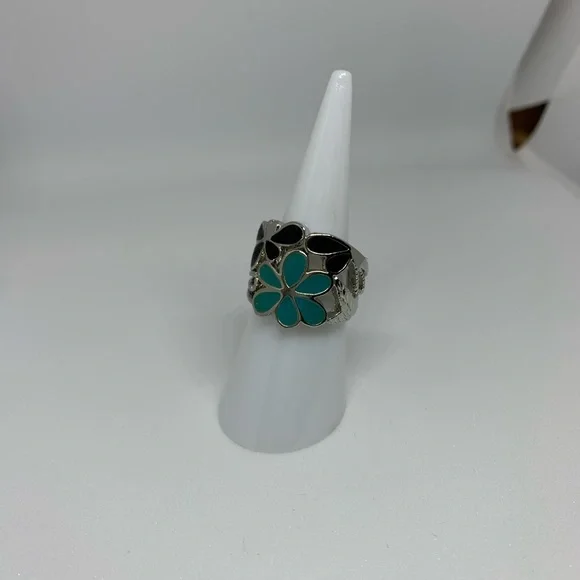 NEW Silver w Black Turquoise Flower Ring - Picture 4 of 7